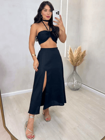 Conjunto Feminino Saia Aberto de Linhos com Bojo