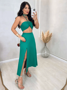 Conjunto Feminino Saia Aberto de Linhos com Bojo