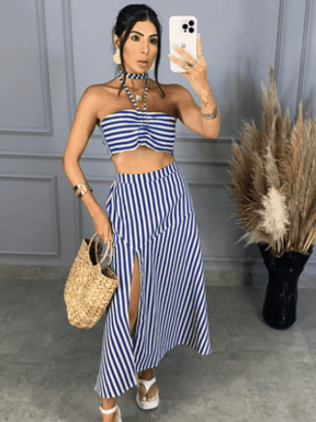 Conjunto Feminino Saia Aberto de Linhos com Bojo