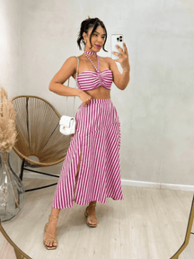 Conjunto Feminino Saia Aberto de Linhos com Bojo