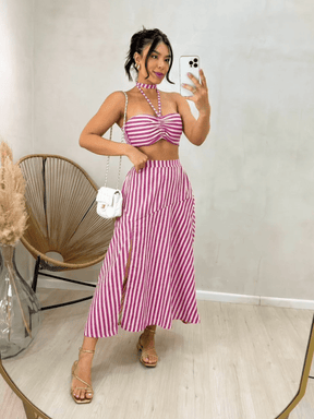 Conjunto Feminino Saia Aberto de Linhos com Bojo