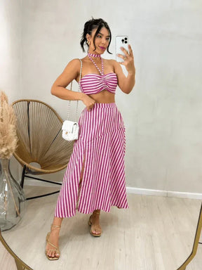 Conjunto Feminino Saia Aberto de Linhos com Bojo